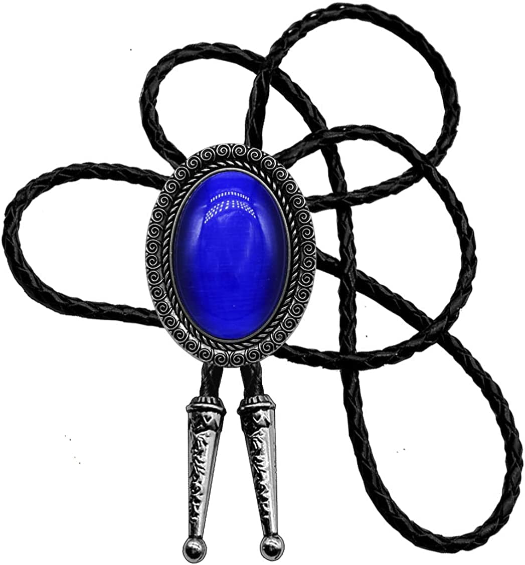 Moranse Bolo Tie With Emerald Blue and Black or More Colors Stone Celtic Style Genuine and Cowhide Rope