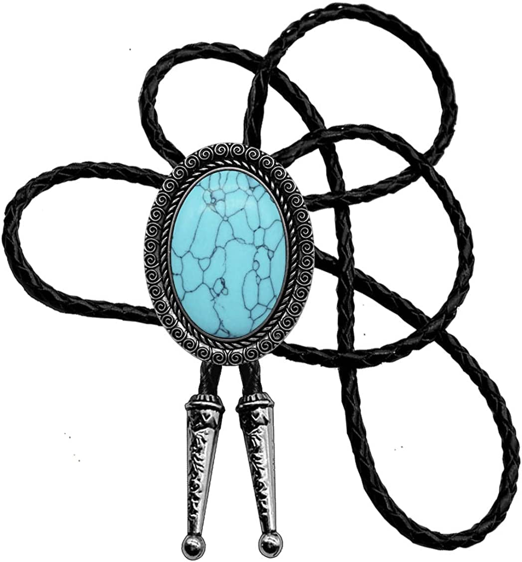 Moranse Bolo Tie With Emerald Blue and Black or More Colors Stone Celtic Style Genuine and Cowhide Rope