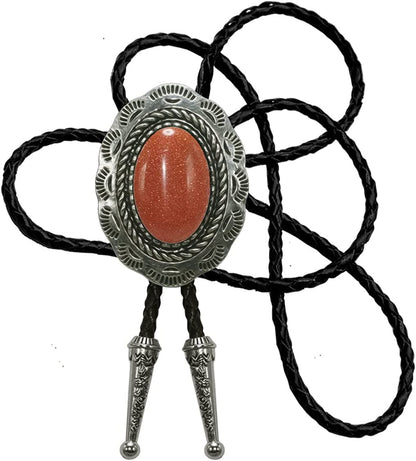 Celtic bolo tie with oval red stone bezel and black braided leather rope, silver tips.