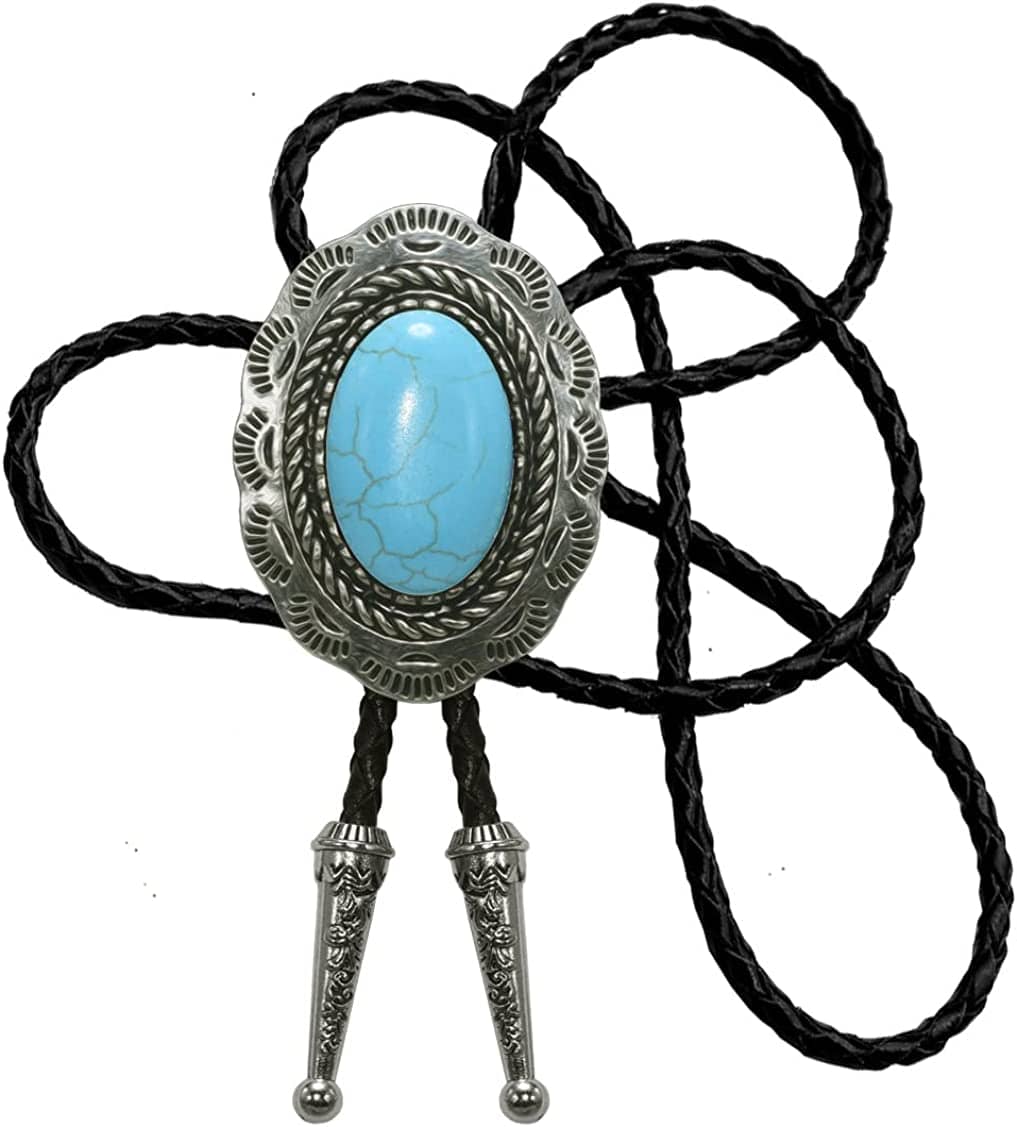 Moranse Bolo Tie With Emerald Blue and Black or More Colors Stone Celtic Style Genuine and Cowhide Rope