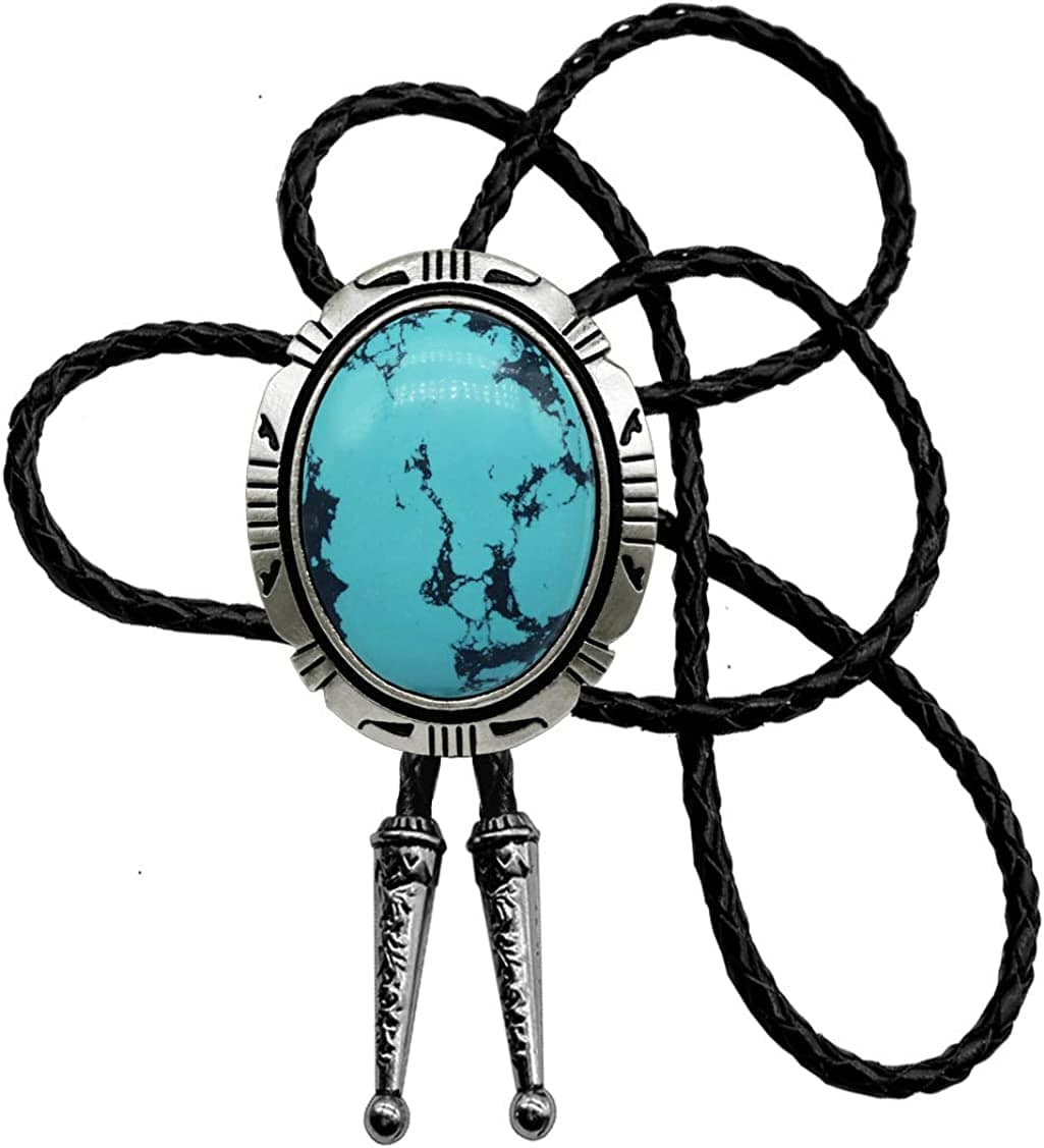 Moranse Bolo Tie With Emerald Blue and Black or More Colors Stone Celtic Style Genuine and Cowhide Rope