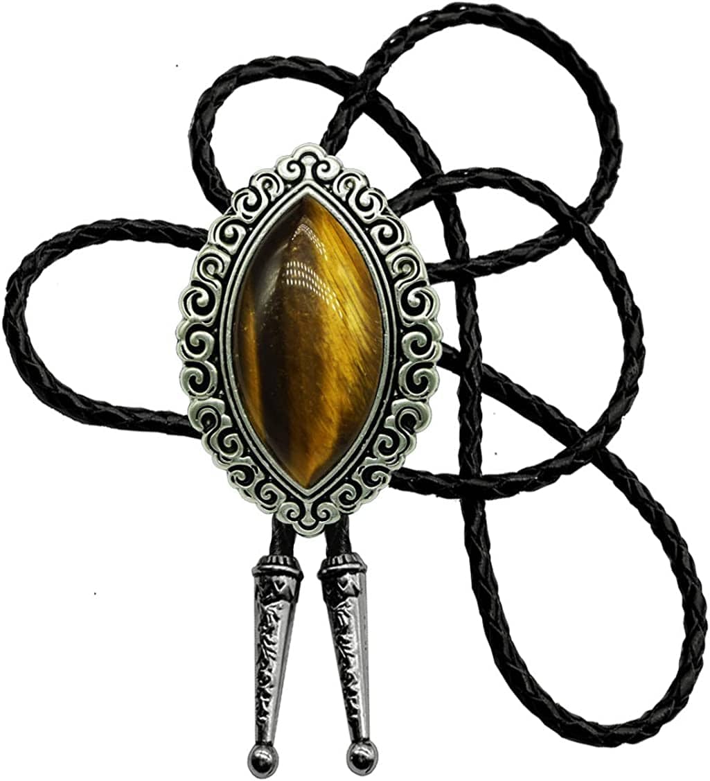 Moranse Celtic Style Bolo Tie with Natural Tiger Eye Stone and Genuine Cowhide Rope