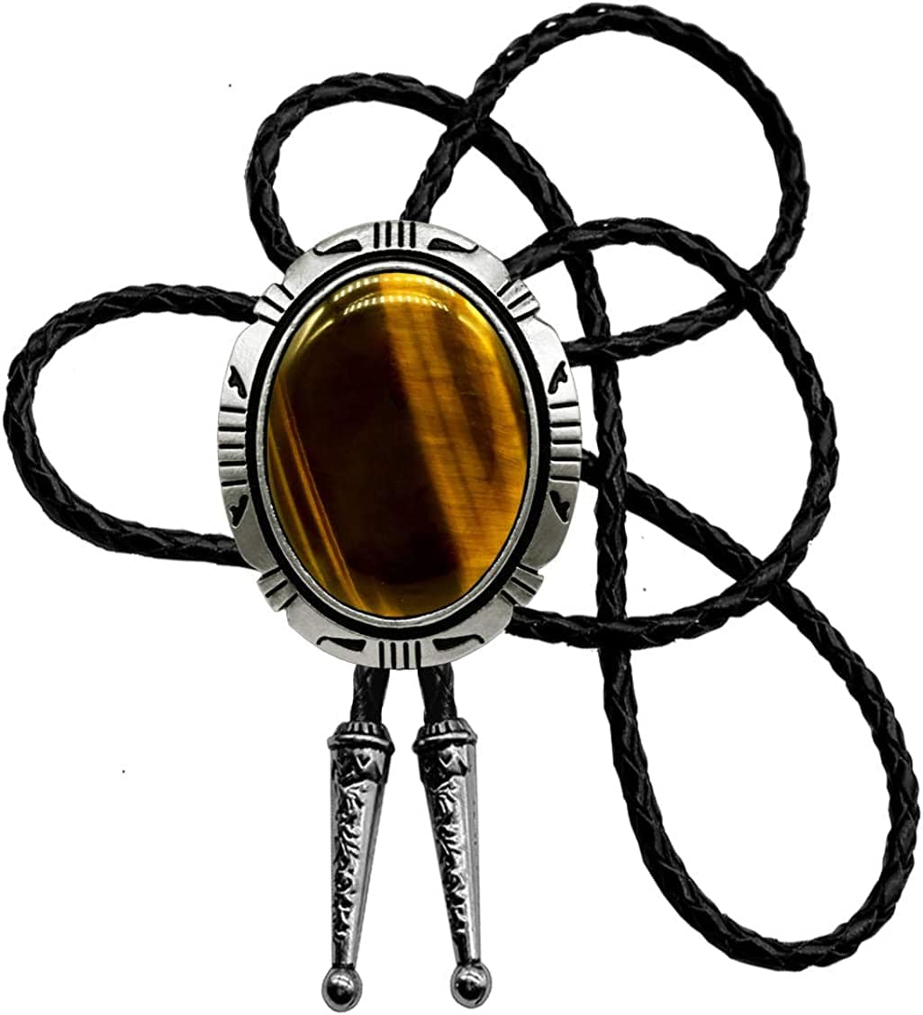 Moranse Celtic Style Bolo Tie with Natural Tiger Eye Stone and Genuine Cowhide Rope