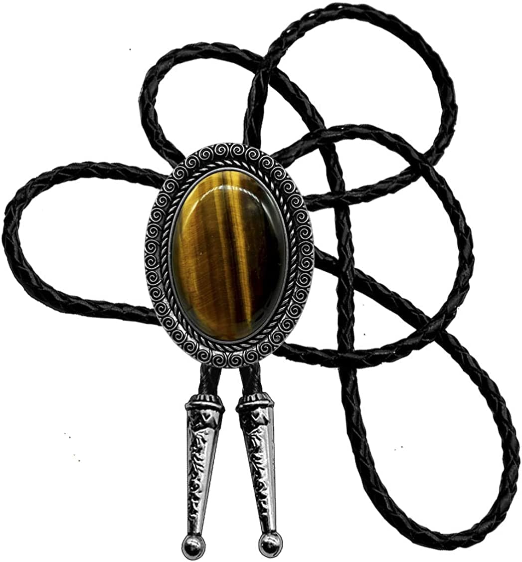 Moranse Celtic Style Bolo Tie with Natural Tiger Eye Stone and Genuine Cowhide Rope