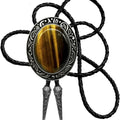 Moranse Celtic Style Bolo Tie with Natural Tiger Eye Stone and Genuine Cowhide Rope