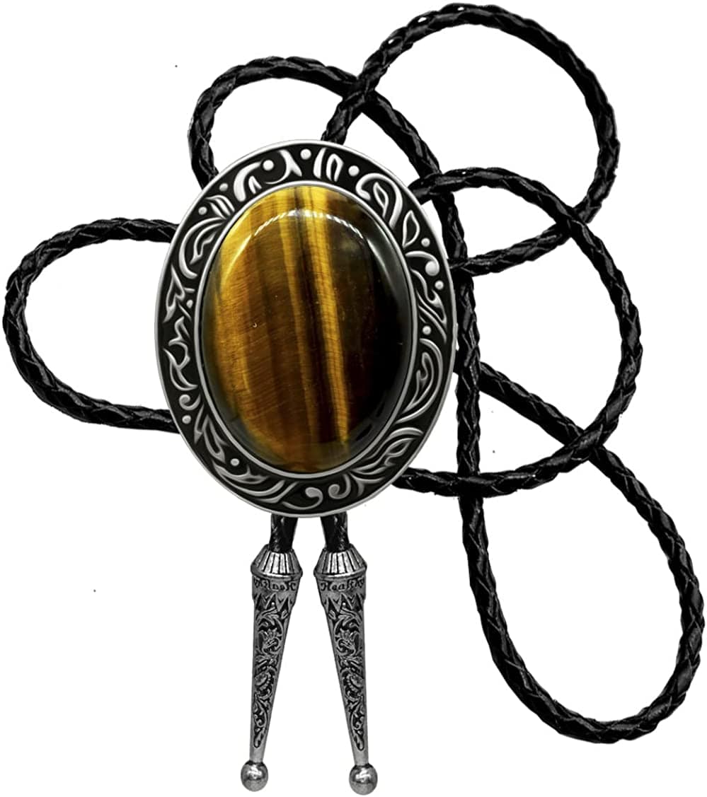 Moranse Celtic Style Bolo Tie with Natural Tiger Eye Stone and Genuine Cowhide Rope