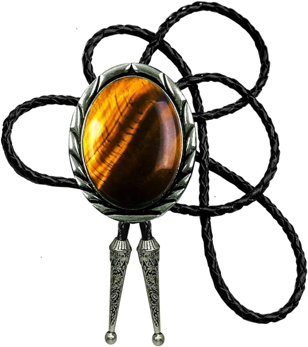 Moranse Celtic Style Bolo Tie with Natural Tiger Eye Stone and Genuine Cowhide Rope