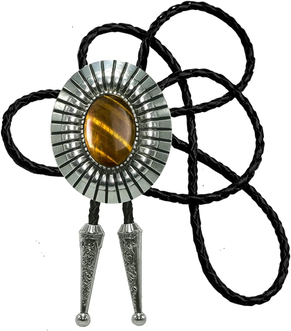 Moranse Celtic Style Bolo Tie with Natural Tiger Eye Stone and Genuine Cowhide Rope