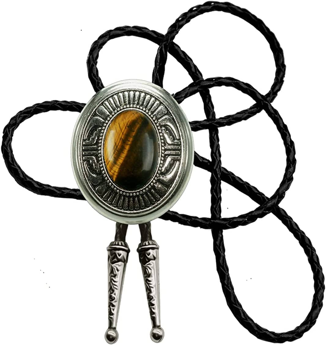 Moranse Celtic Style Bolo Tie with Natural Tiger Eye Stone and Genuine Cowhide Rope