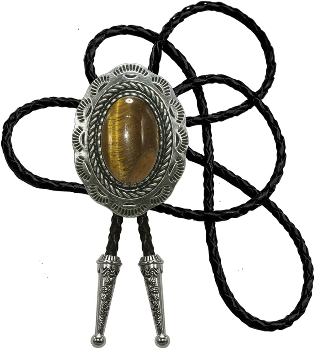 Moranse Celtic Style Bolo Tie with Natural Tiger Eye Stone and Genuine Cowhide Rope