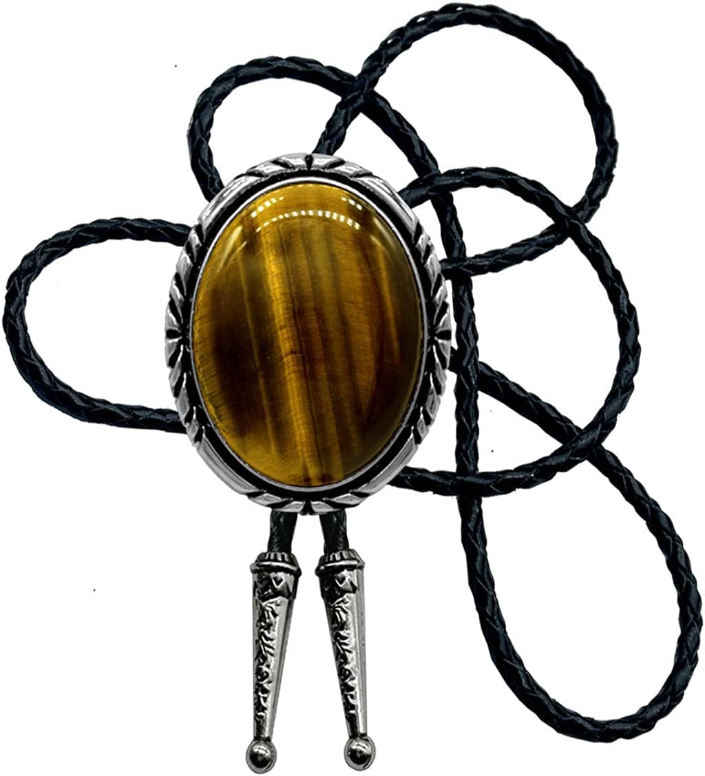 Moranse Celtic Style Bolo Tie with Natural Tiger Eye Stone and Genuine Cowhide Rope