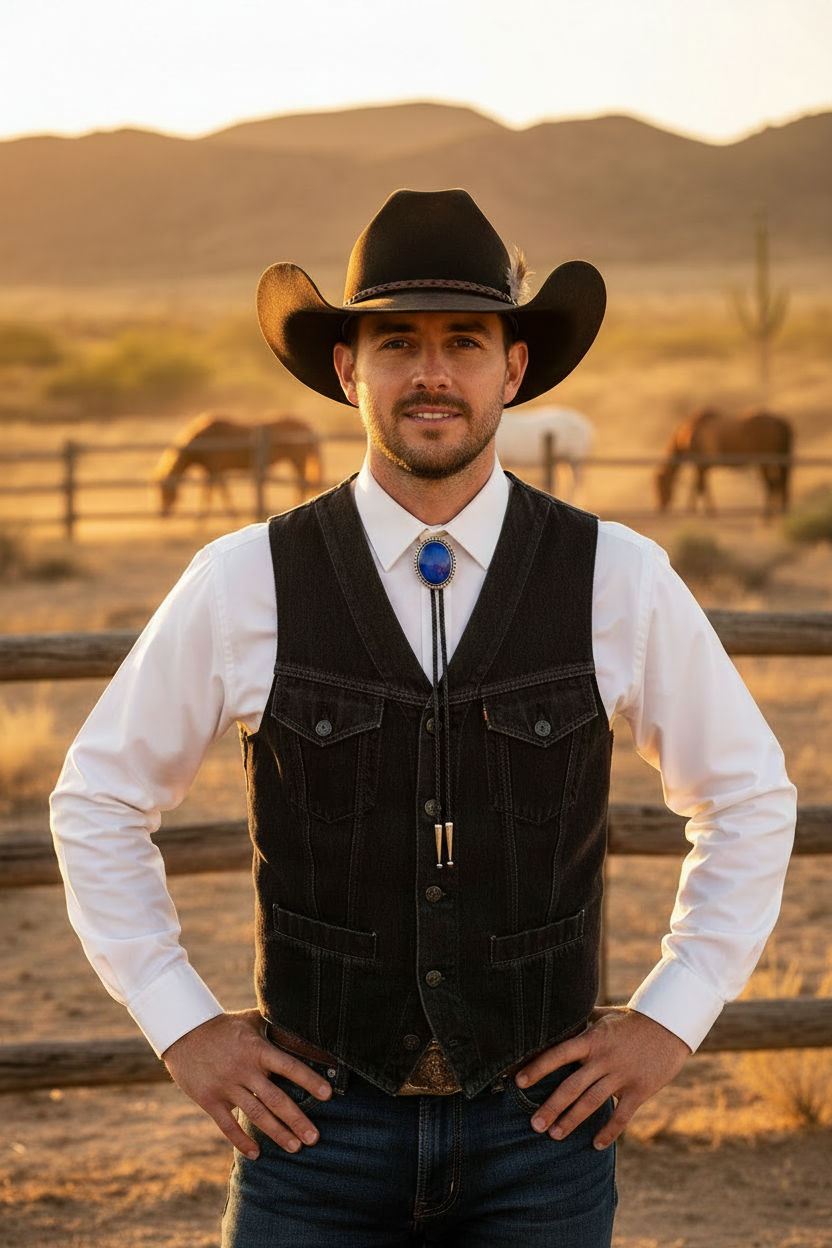 A man wearing a black western vest over a white button-up shirt with a blue bolo tie, standing outdoors in a ranch setting with mountains and horses in the background.