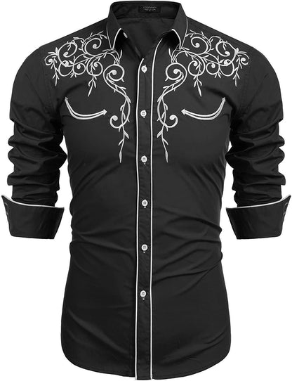 COOFANDY Men's Long Sleeve Embroidered Shirt Slim Fit Casual Button Down Shirts, Black, S, Black, Small