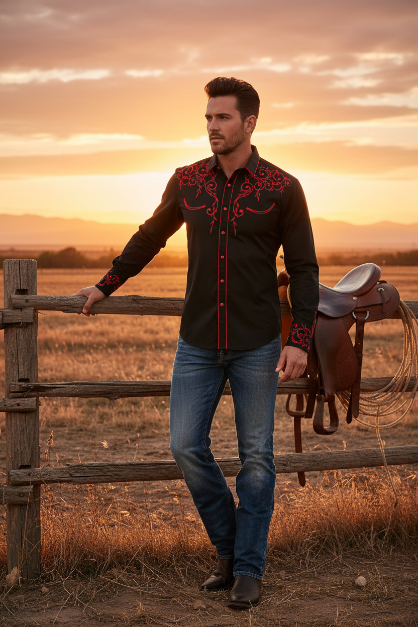 A man stands outdoors at sunset wearing a black long-sleeve western-style button-up shirt with red embroidered detailing on the chest and cuffs, paired with blue jeans and dark boots. He is leaning on a wooden fence next to a brown saddle in a dry field.