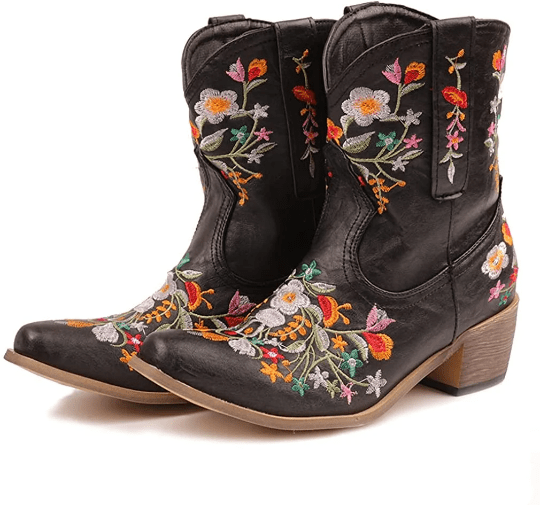 GorrasVaqueras cowgirl boots Black / US Size 5 (22.5 cm) Heelchic women vintage flower embroidered cowgirl boots retro short western ankle boots