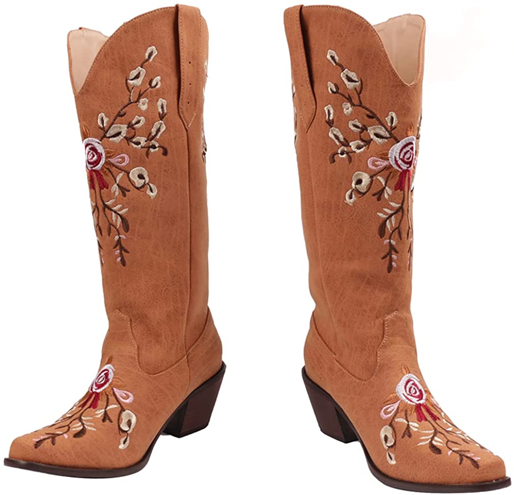 heelchic Women Embroidery Cowgirl Cowboy Boots Snip Toe Mid Calf